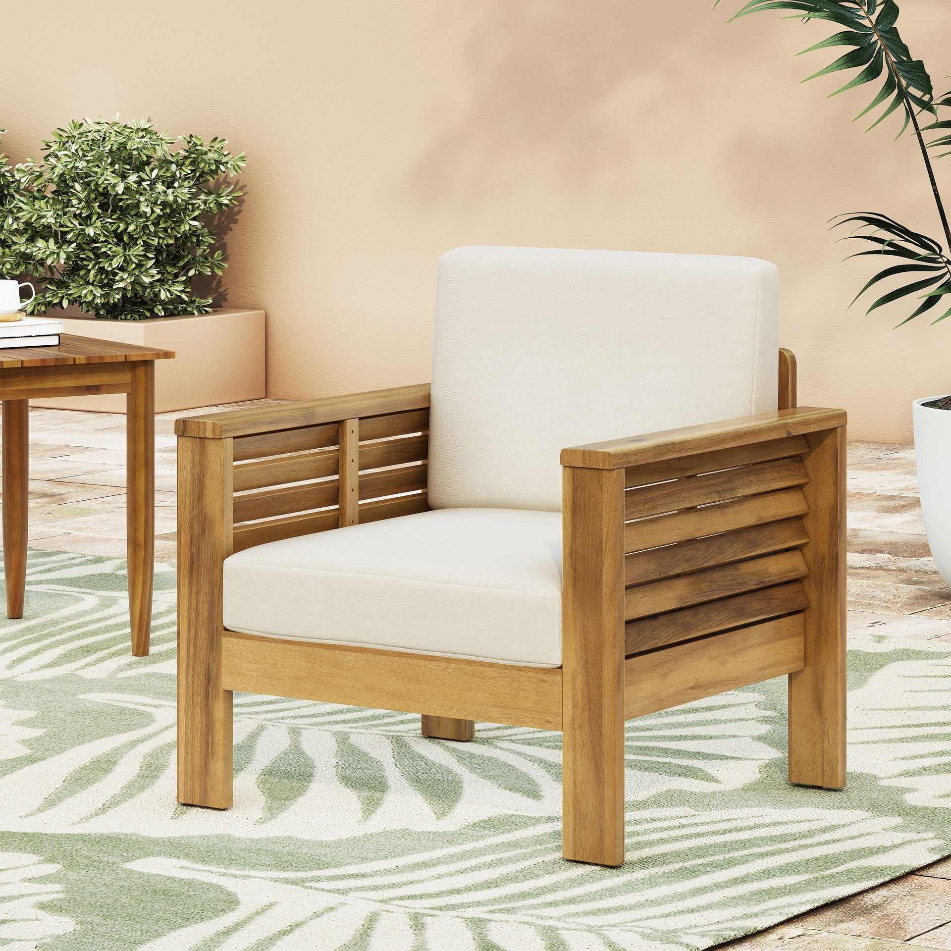 Outdoor Acacia Wood Club Chairs with Cushions, Teak+Beige, 27.75