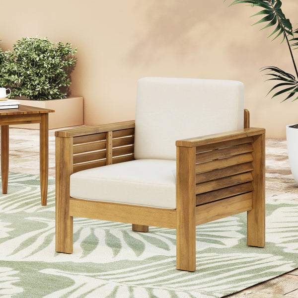 Outdoor Acacia Wood Club Chairs with Cushions, Teak+Beige, 27.75