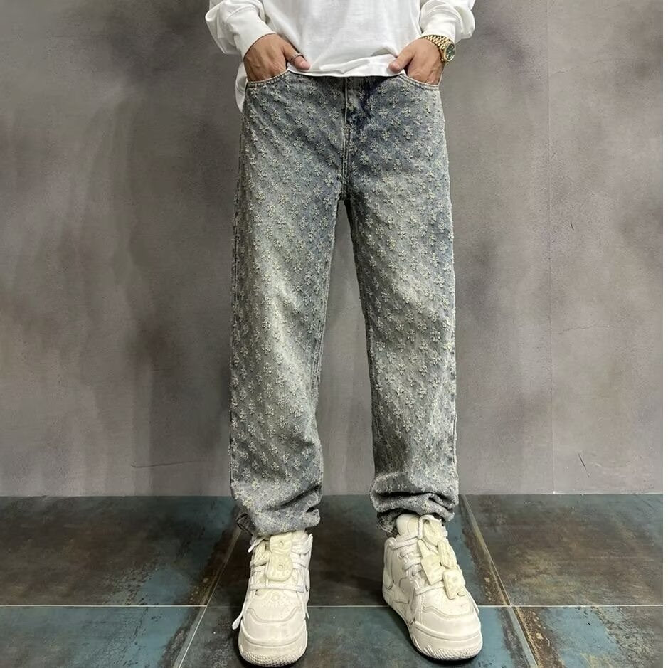 High Street Hip Hop Trousers, Trendy Brand Cool and Handsome Jacquard Full Print Jeans for Men, American Style Vibe Straight Leg Pants
