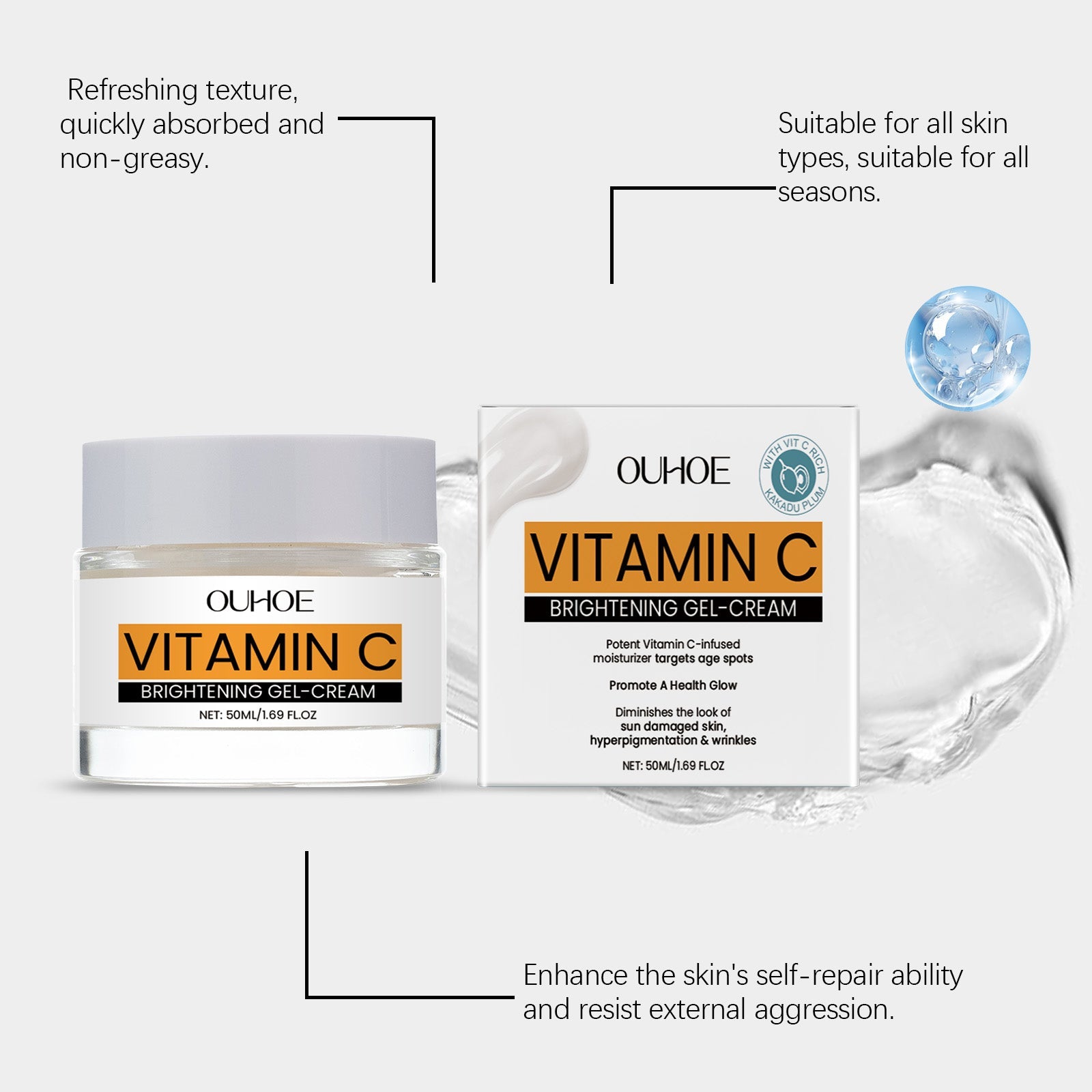 Vitamin C Facial Gel Cream, Gentle Nourishing, Brightening, Moisturizing, Hydrating And Light Line Moisturizing Skin Cream