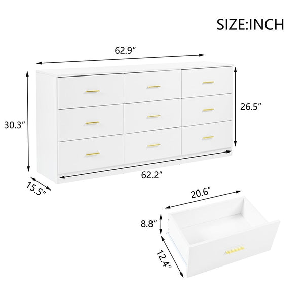 Modern White 9-Drawer Dresser for Bedroom - Ample Storage Wide Chest of Drawers, Sturdy & Safe
