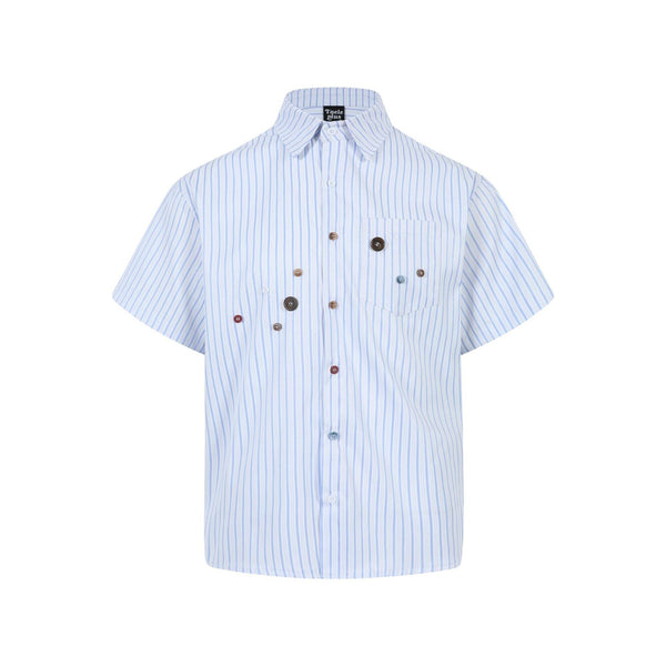 Vertical striped button decoration short sleeved shirt for men