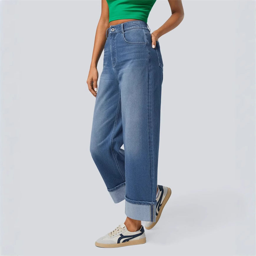 Fashionable high waisted straight leg jeans