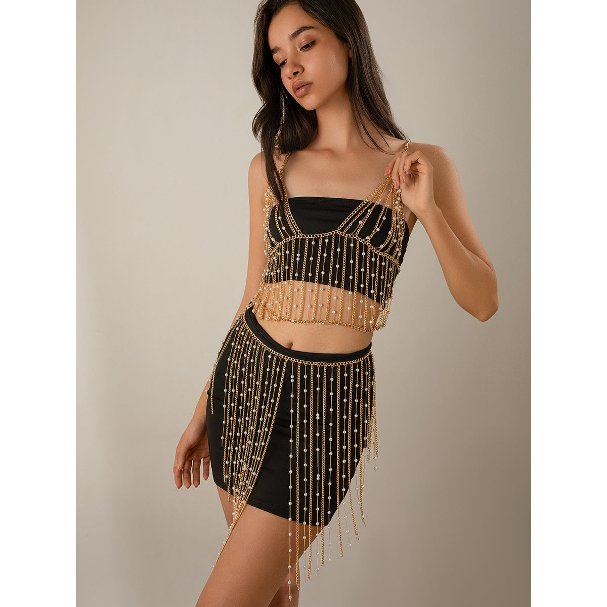 Fashionable electroplated metal aluminum chain geometric set clothing with simple tassel imitation pearl waist chain