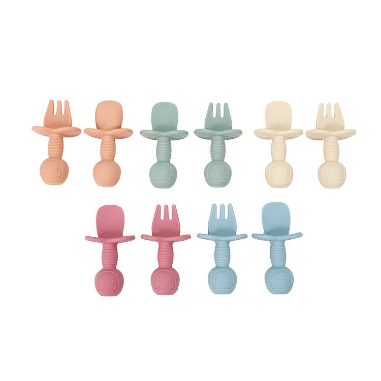 Licking Spoon for Baby Learning to Eat Training Spoon Short Handle Baby Supplementary Food Silicone Soft Spoon Fork Spoon Tableware 2-piece Set