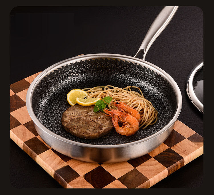 304 stainless steel honeycomb frying pan, non stick, household flat bottomed pan for frying steak, pancakes, and fried eggs, pan