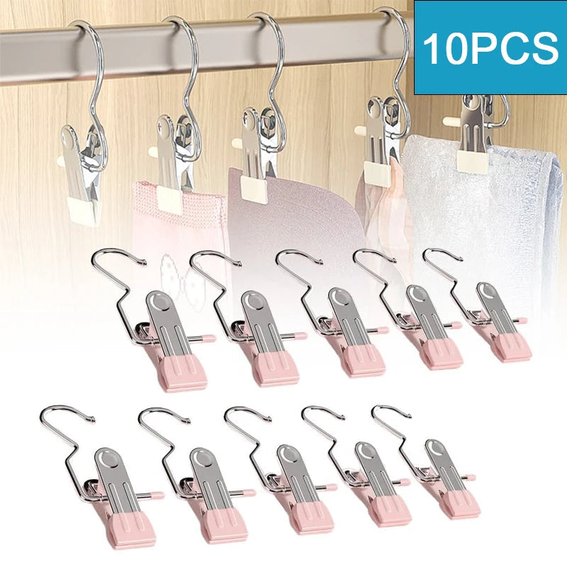10pcs Stainless Steel Clothespins Laundry Clothes Pegs With Hook Portable Hanging Clothes Clip Wardrobe Clothes Organizer Hanger