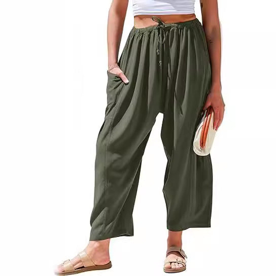 European and American women's elastic waisted pleated high waisted wide leg loose Haren cotton linen pants