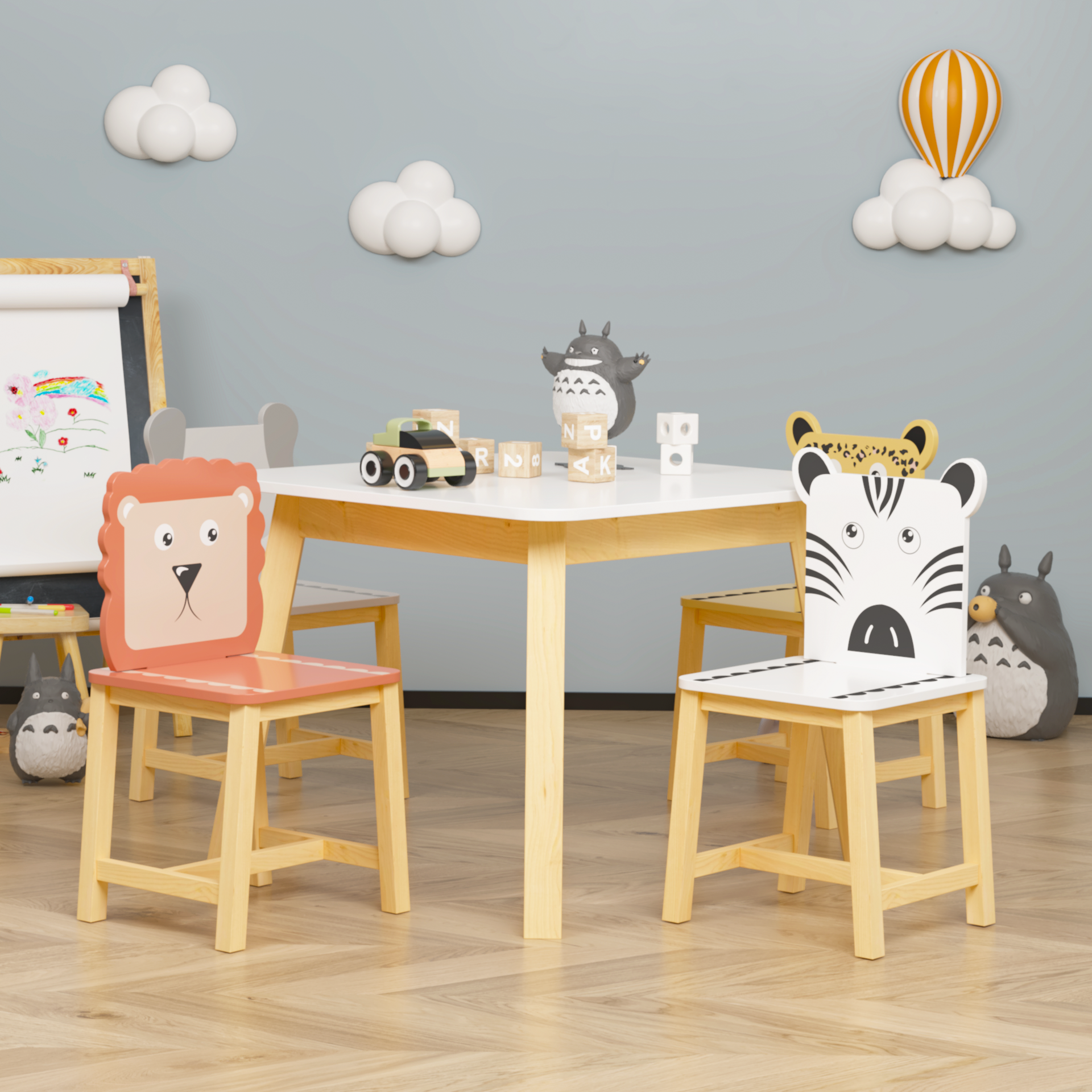 5 Piece Kiddy Table and Chair Set  Kids Wood Table with 4 Chairs Set Cartoon Animals (bigger table) (3-8 years old)