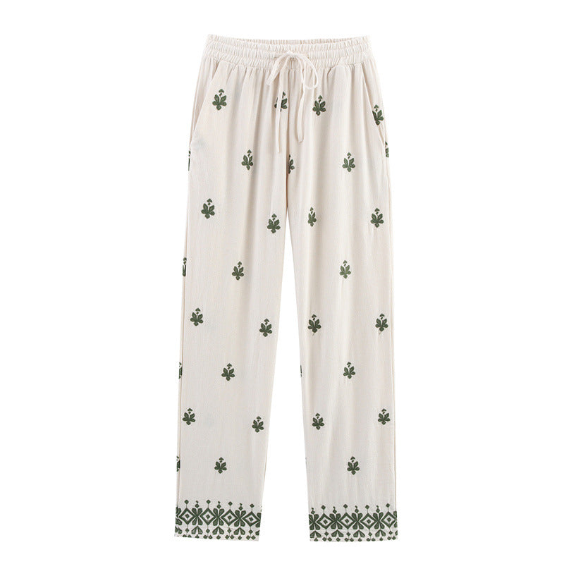 Elastic Waist Tied Embroidered Wide Leg Pants for WomenStyle Fashion Casual