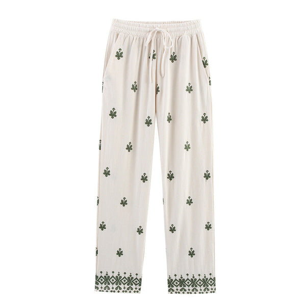 Elastic Waist Tied Embroidered Wide Leg Pants for WomenStyle Fashion Casual