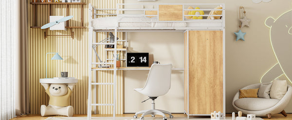 Twin Size Loft bed with L-shape Desk and Wardrobe, White