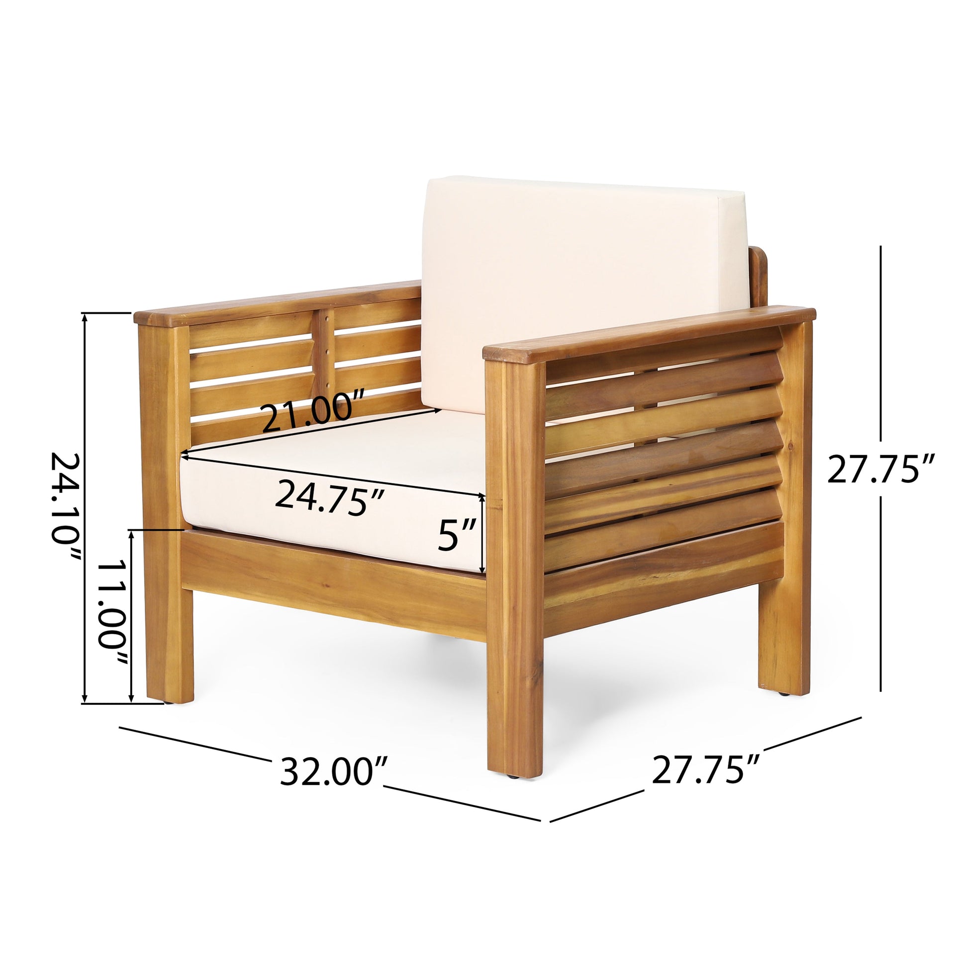 ( Set of 2) Outdoor Acacia Wood Club Chairs with Cushions, Teak+Beige, 27.75