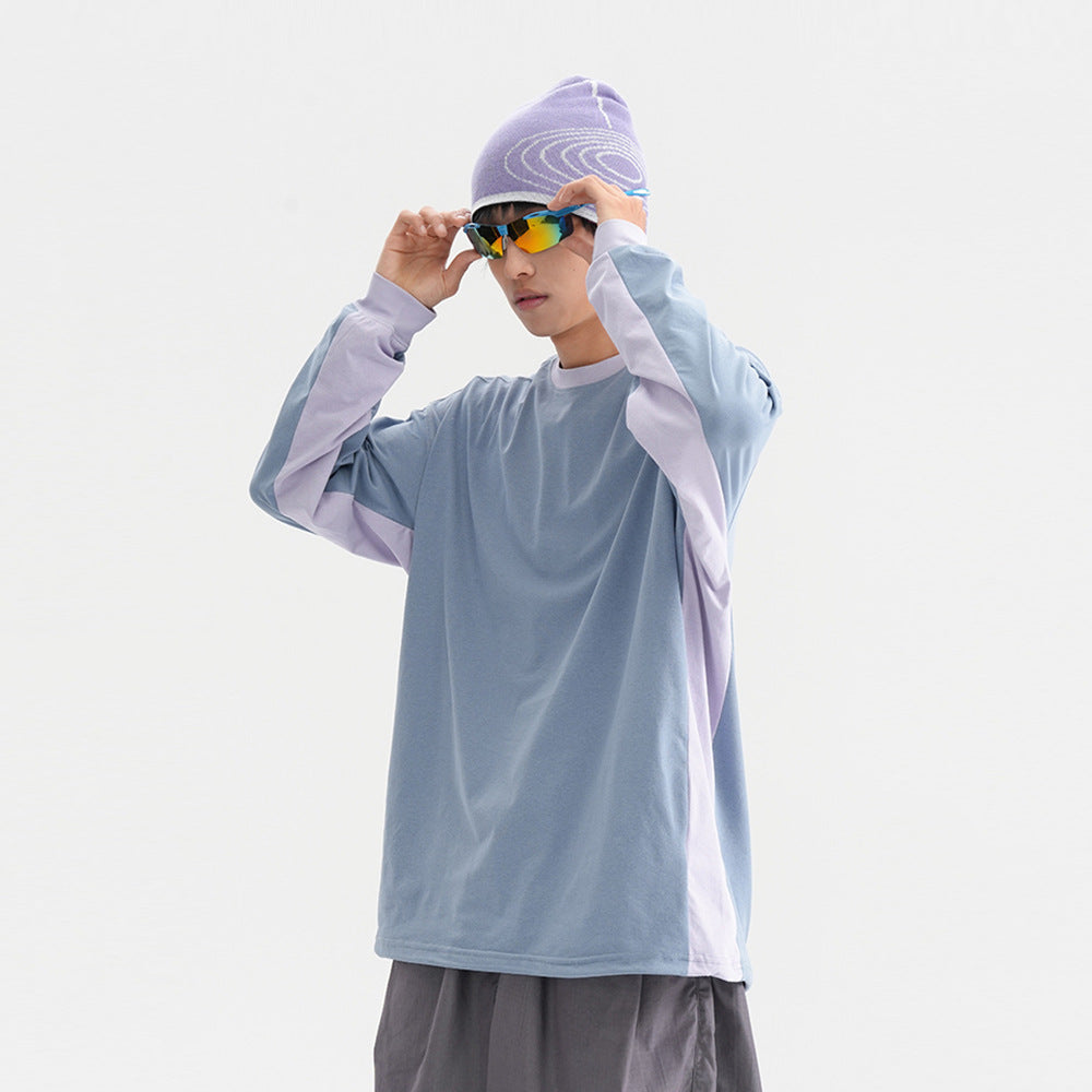 Trendy American Style Loose Long Sleeve T-Shirt for Men and Women, Breathable Quick-Dry Sun Protection with Drawstring Hem Round Neck Top