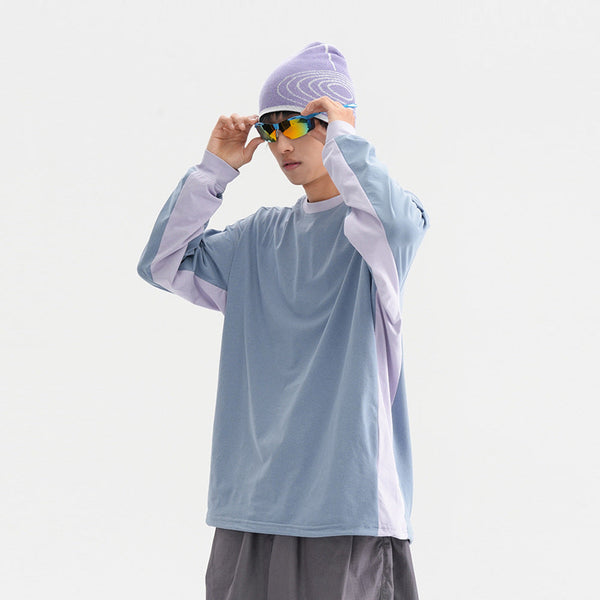 Trendy American Style Loose Long Sleeve T-Shirt for Men and Women, Breathable Quick-Dry Sun Protection with Drawstring Hem Round Neck Top