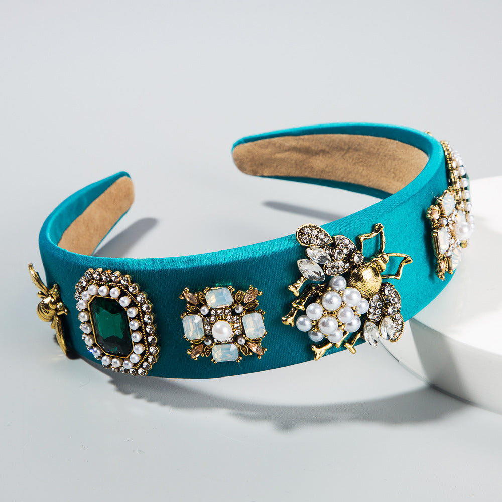Creative Baroque Headband With Rhinestones Pearl Headband Bee Colorful Fabric Garland Headgear