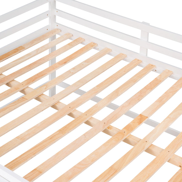 Full Size Low Loft Bed with Rolling Portable Desk, Drawers and Shelves, White