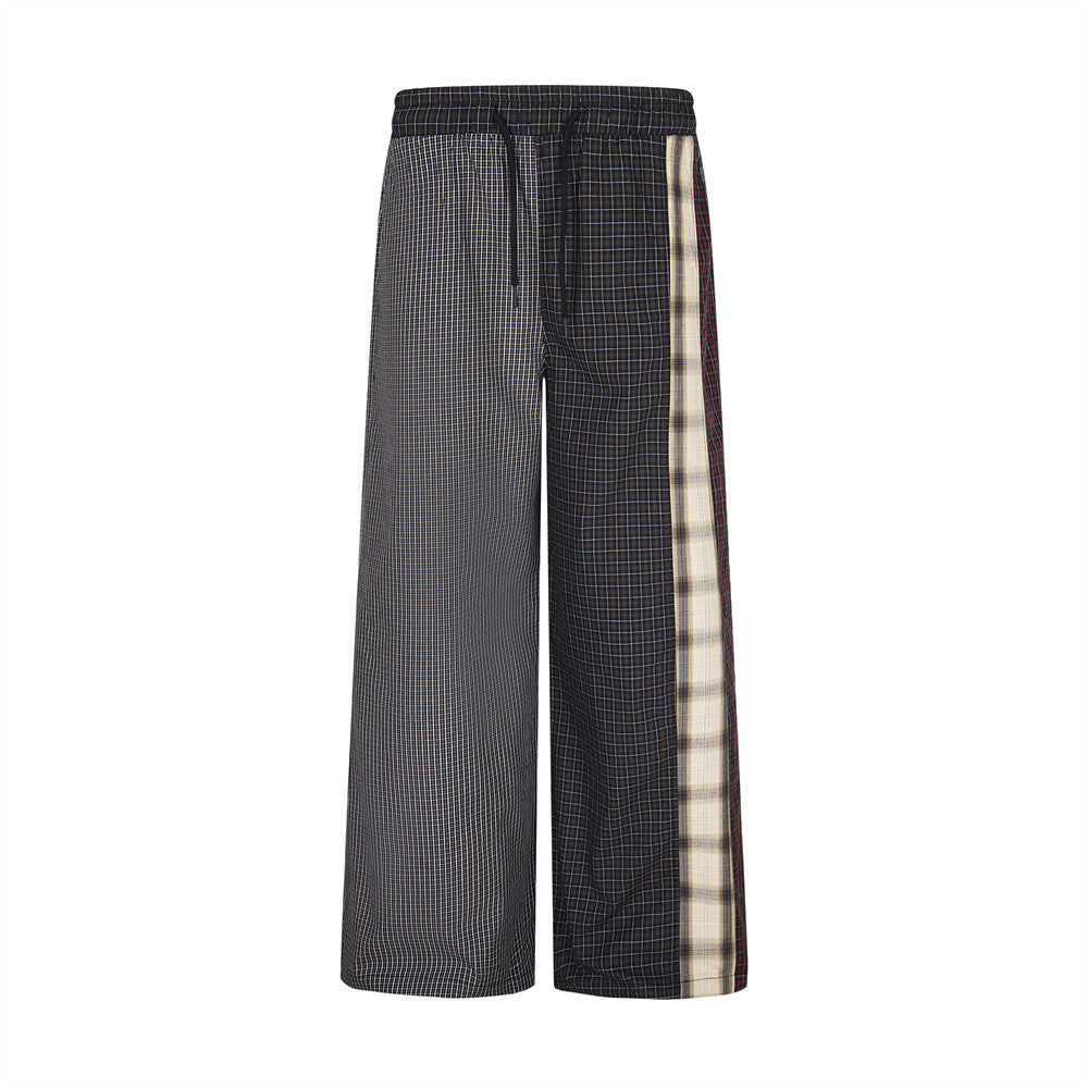 Small Plaid Casual Pants Men's Hip Hop Trendy Fashion Irregular Patchwork Unique Straight Leg Long Trousers