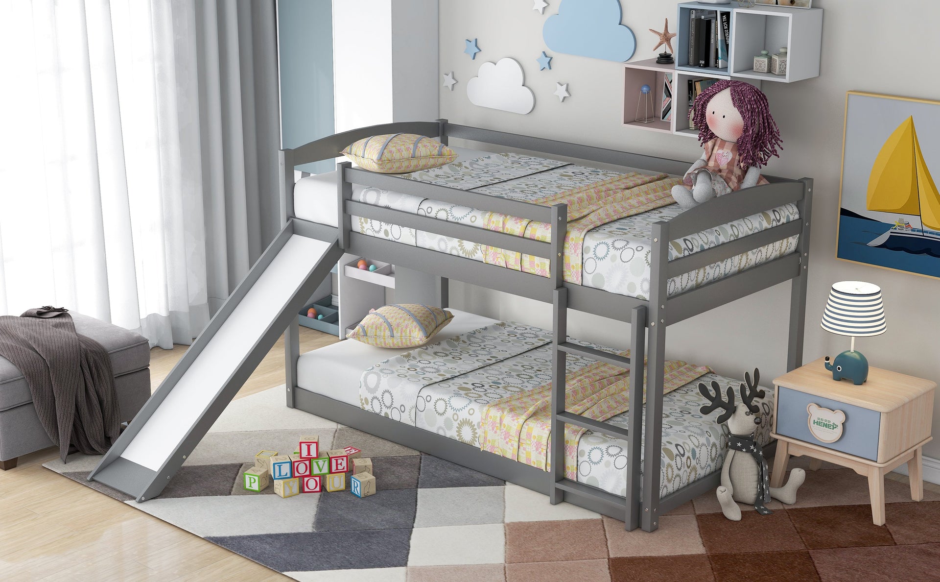 Twin over Twin Bunk Bed with Convertible Slide and Ladder Gray