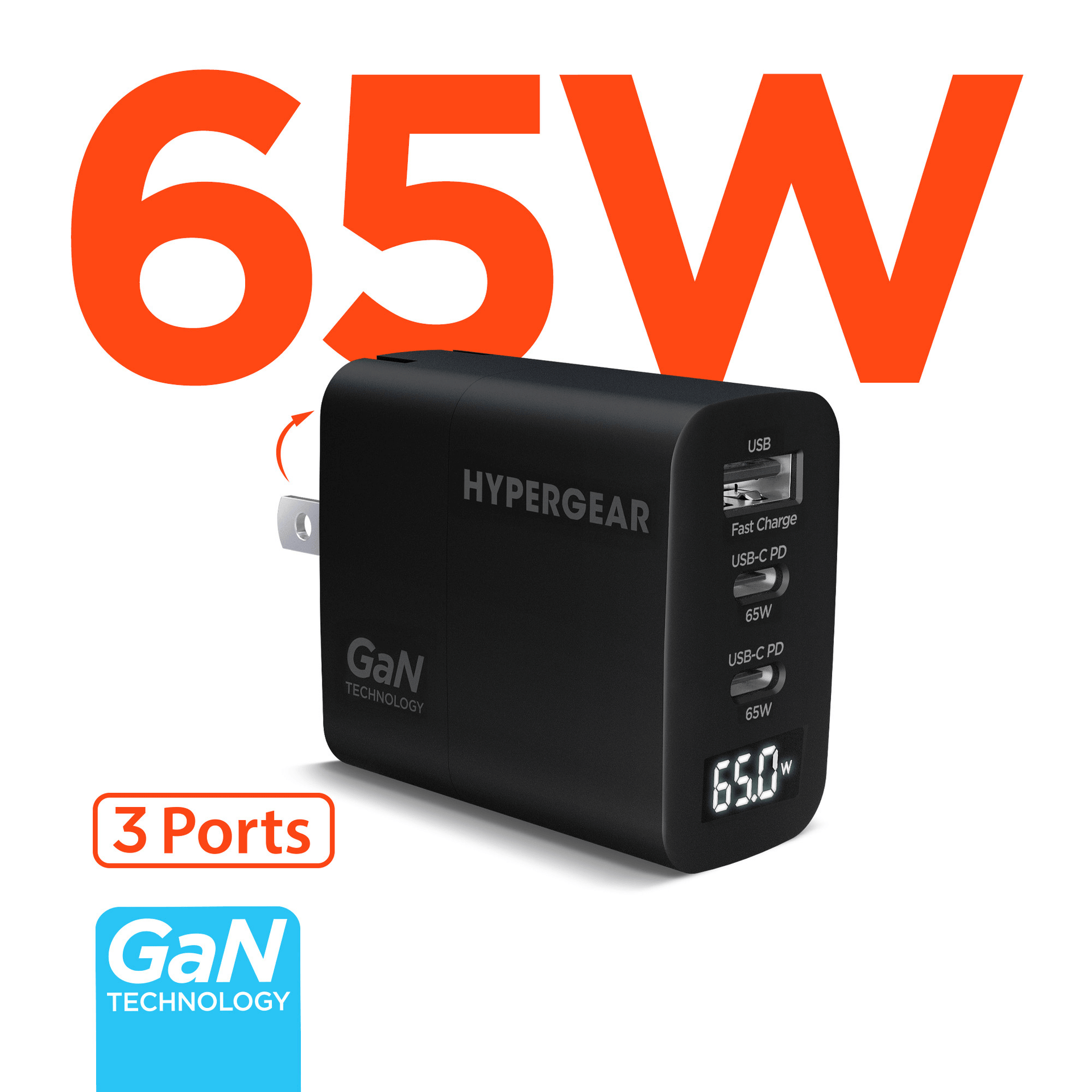 HyperGear SpeedBoost 65W USB-C PD Tri-Port GaN Laptop Charger with PPS and Digital Display