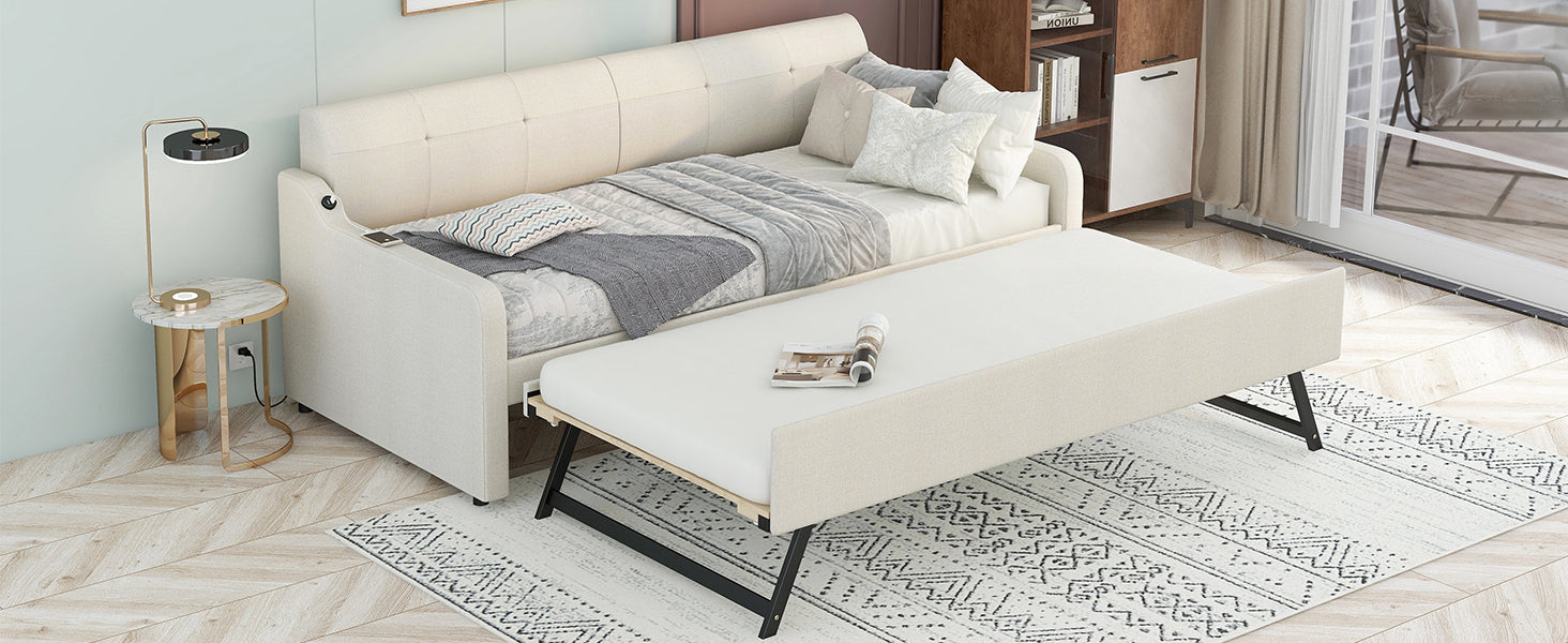 Twin Size Upholstery Daybed with Trundle and USB Charging Design Trundle can be flat or erected Beige