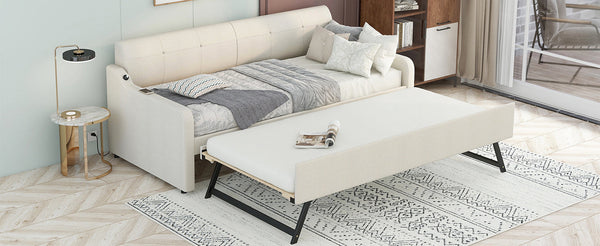 Twin Size Upholstery Daybed with Trundle and USB Charging Design Trundle can be flat or erected Beige