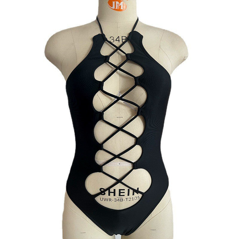 Swimsuit hollow strap sexy one-piece black tight swimsuit women's bikini