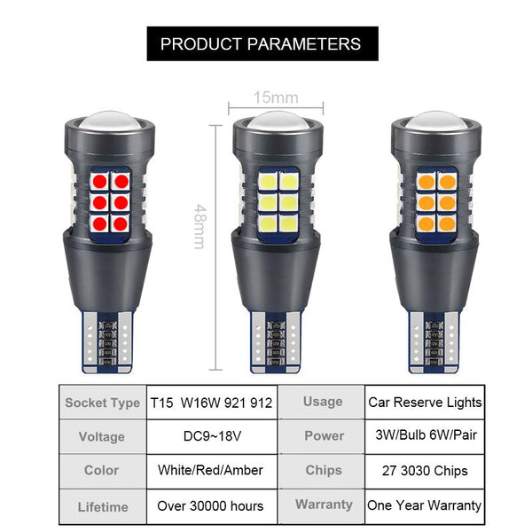 NLpearl 2x Signal Lamp W16W LED T15 921 912 Bulb Super Bright 3030 27SMD T15 Led Canbus Auto Backup Reserve Lights Tail Lamp 12V