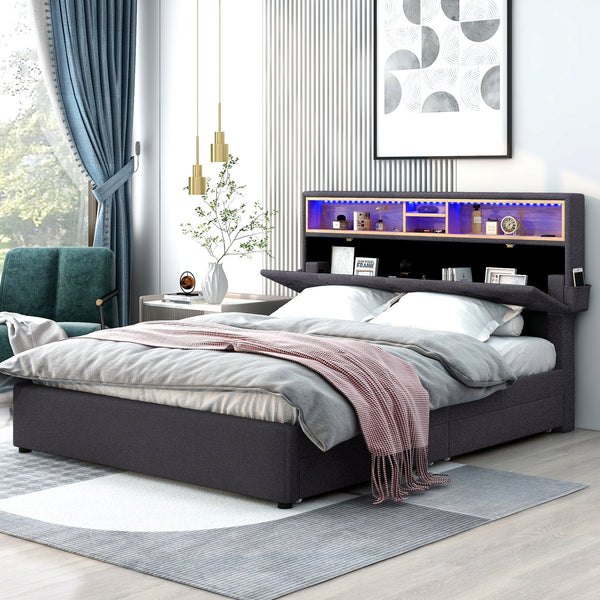 Queen Size Upholstered Platform Bed with Storage Headboard, LED, USB Charging and 2 Drawers Dark Gray