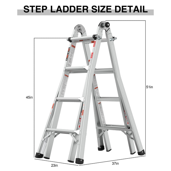 17ft Multi-Position Foldable Aluminum Ladder, A-Frame and Straight Ladder, ANSI 250lbs
