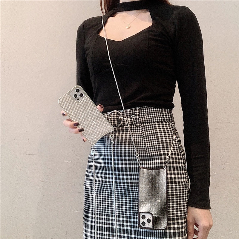 Crossbody Lanyard Glitter Diamonds Shoulder Phone Case For Iphone 13 13Pro 12 11 Pro XS Max X XR 7 8 Plus Luxury Shining Cover