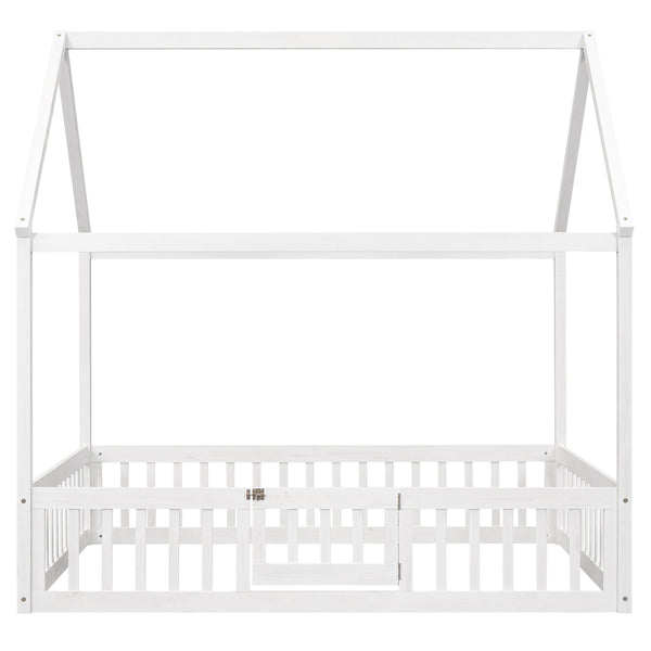 Full Size Wood House Bed with Fence and Door White Wash