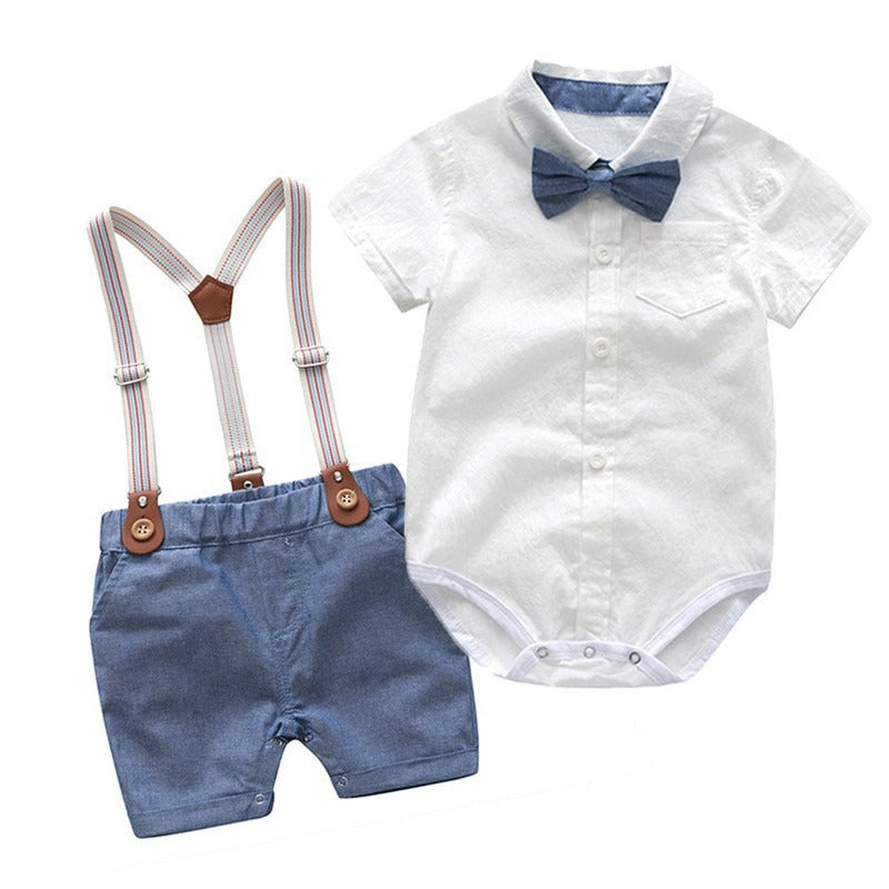 Male baby infant two-piece summer climbing suit with collar, gentleman's white shirt, overalls, tie dress, British style