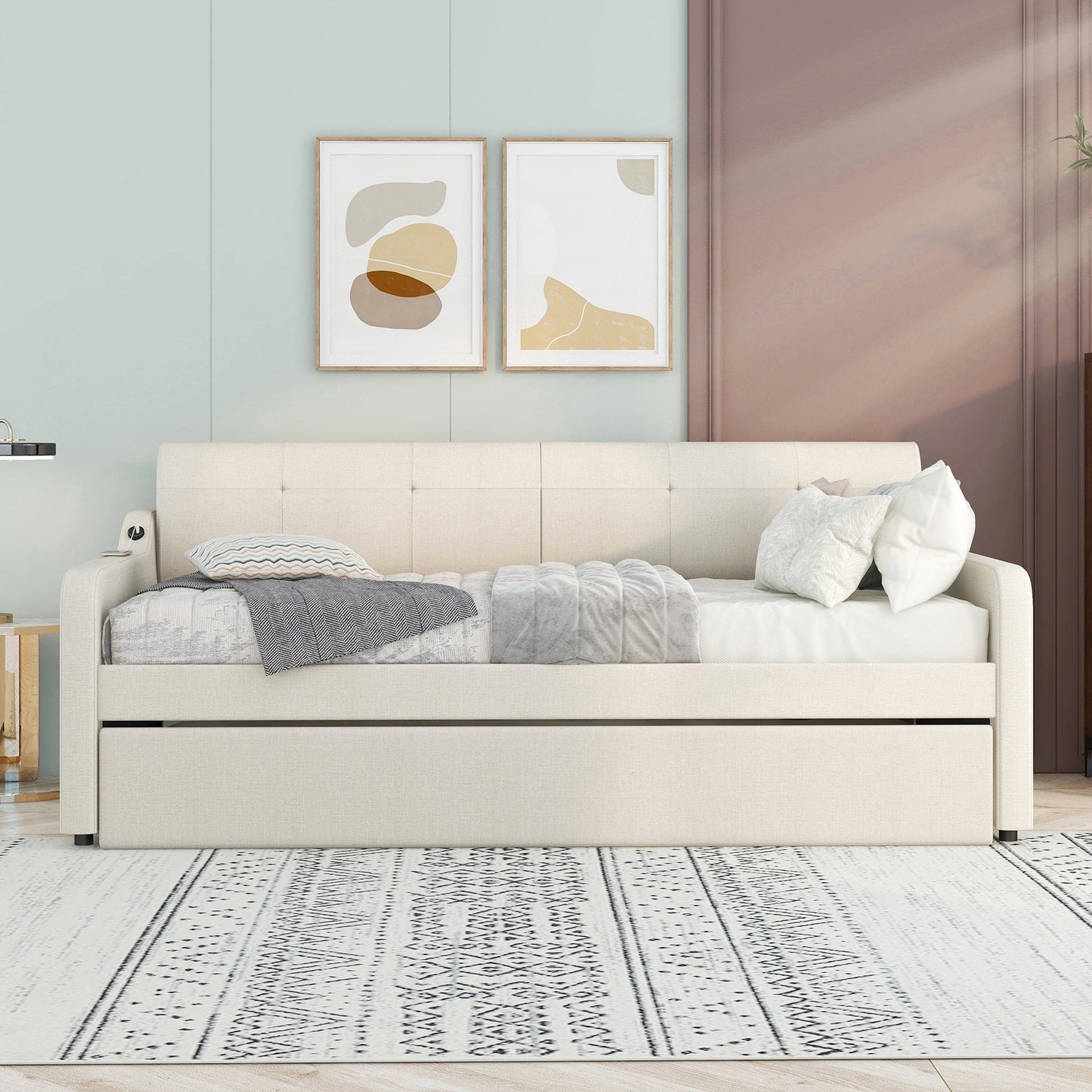 Twin Size Upholstery Daybed with Trundle and USB Charging Design Trundle can be flat or erected Beige