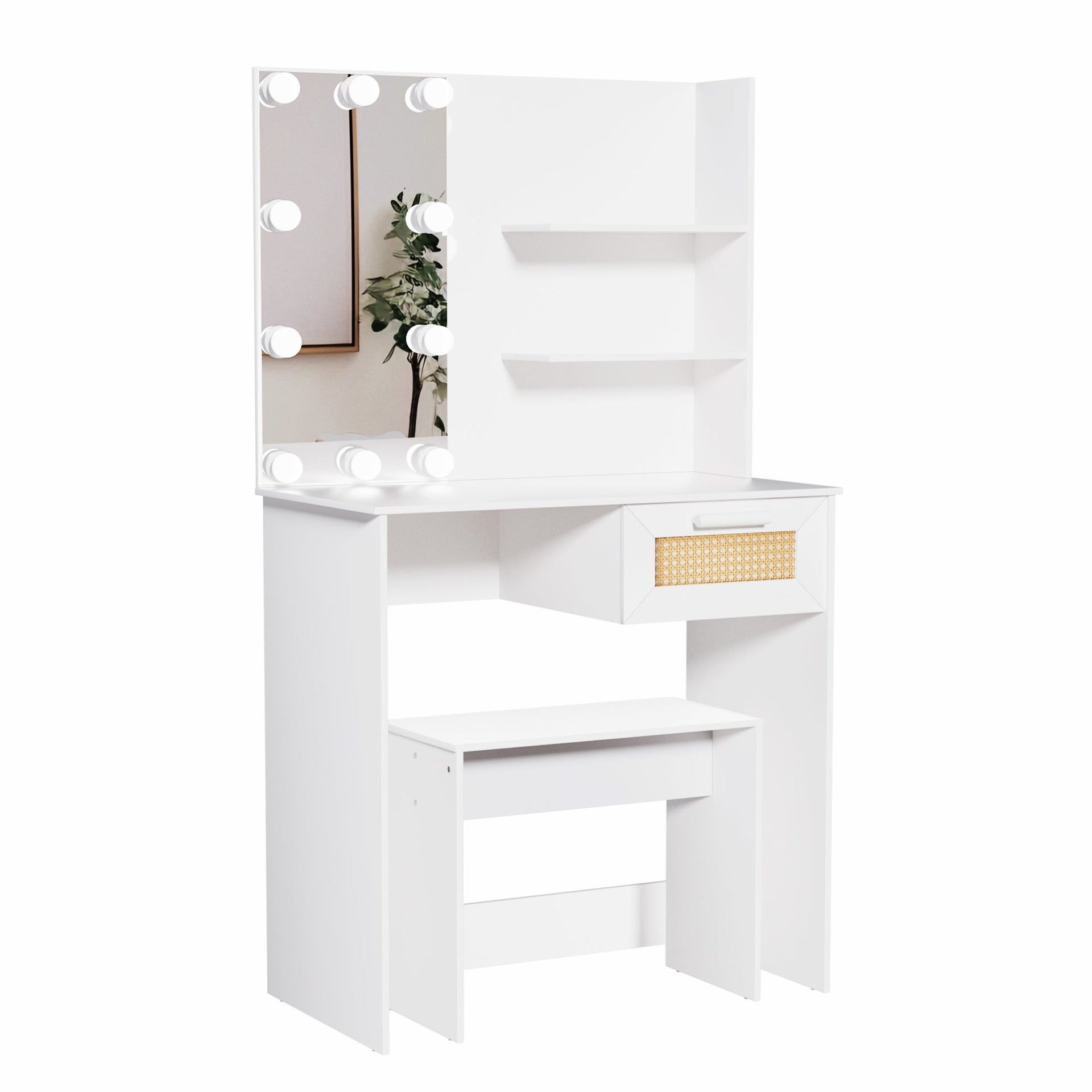 Vanity Desk Set Stool & Dressing Table with LED Lighting Mirror Drawer and Wood Cosmetic Table Chest of Drawers White Color
