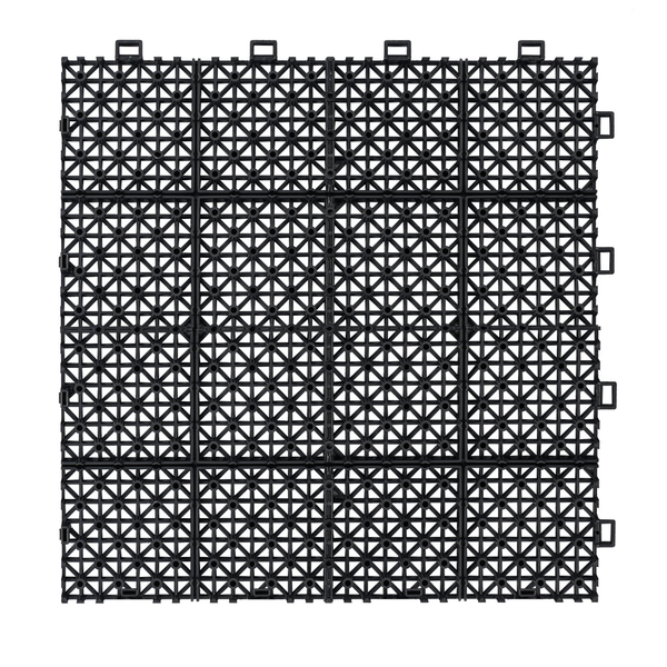 12 x 12 inch black interlocking deck tiles, plastic waterproof, weighing up to 6613 pounds, with a rose pattern pack of 12