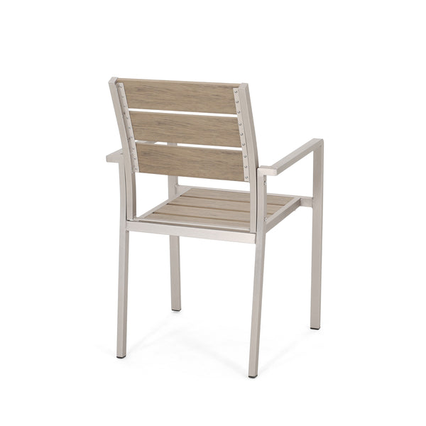 Outdoor Modern Aluminum Dining Chair with Faux Wood Seat (Set of 2), Natural and Silver