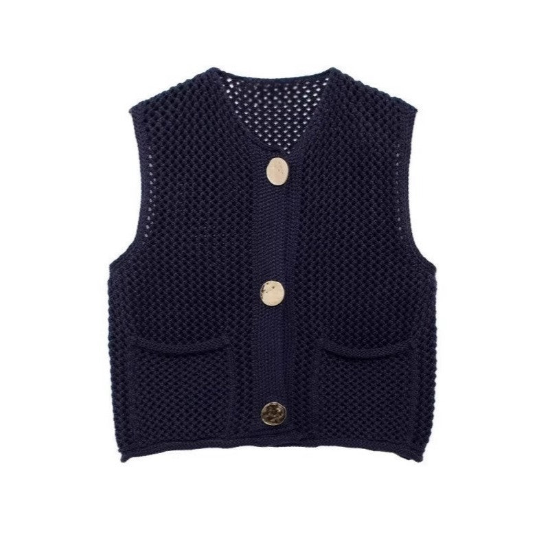 Street Fashion Crochet Hollow Vest Solid Color Versatile Round Neck Jacket