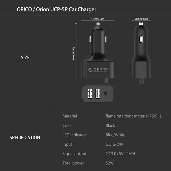 ORICO UCP-5P Portable 52W Car Charger with Expander Quick Charge 3.0 Car Charger 5 Porst for Your needs MPV Car