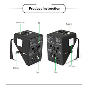 2019 , 3 USB + 1 Typc C International Power Adapter for Europe, UK, China, Australia, Japan and More 200 Countries Black Green