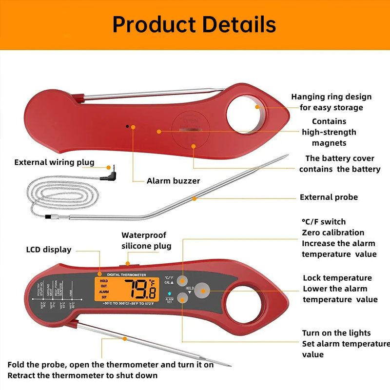 Foldable IP7 digital thermometer with dual probes: for cooking, BBQ, meat, grilling, food kitchen tools.