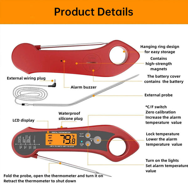 Foldable IP7 digital thermometer with dual probes: for cooking, BBQ, meat, grilling, food kitchen tools.