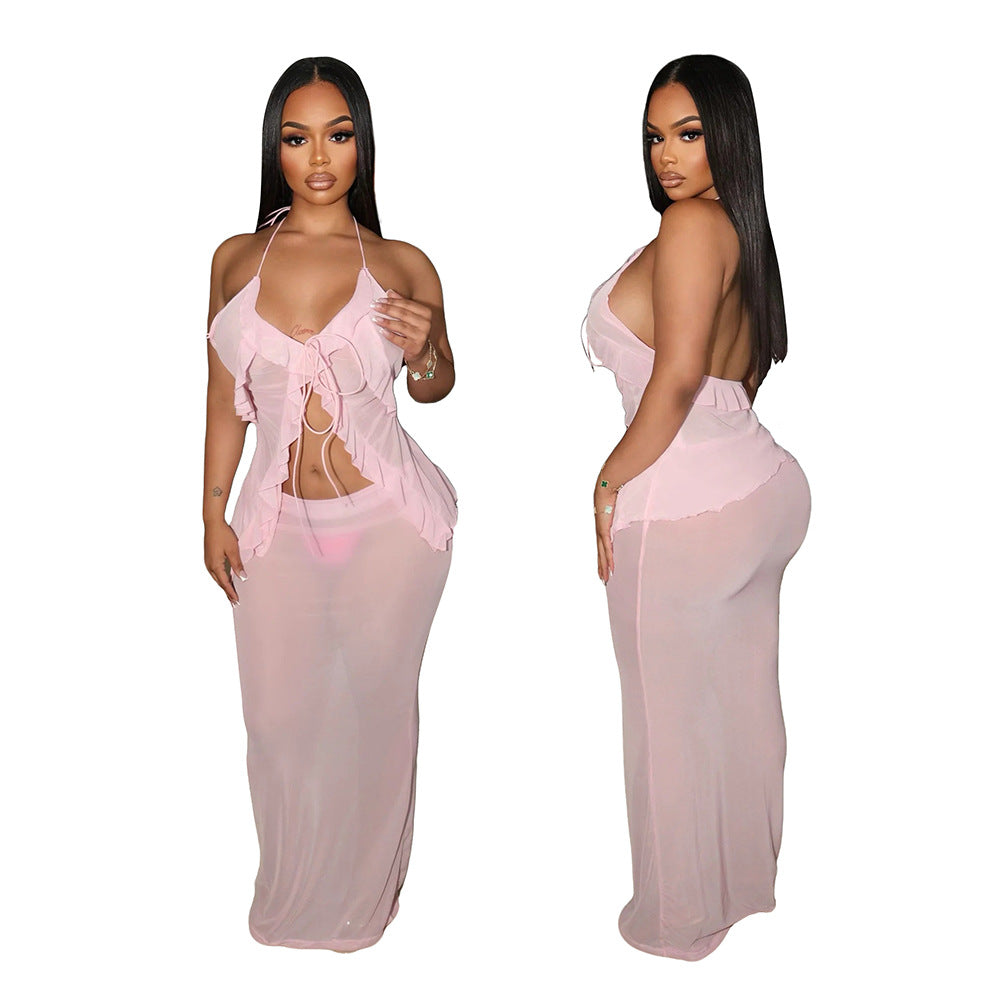 Sexy Transparent Set with Belted Sleeveless Cardigan and Fashionable Long Skirt Two-Piece Set for Women