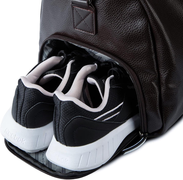 17.7 inch Gym Duffle Leather Bag with Shoe Compartment for Sports Travel - Adjustable Shoulder Strap, Weekender Travel Overnight Bag for Men