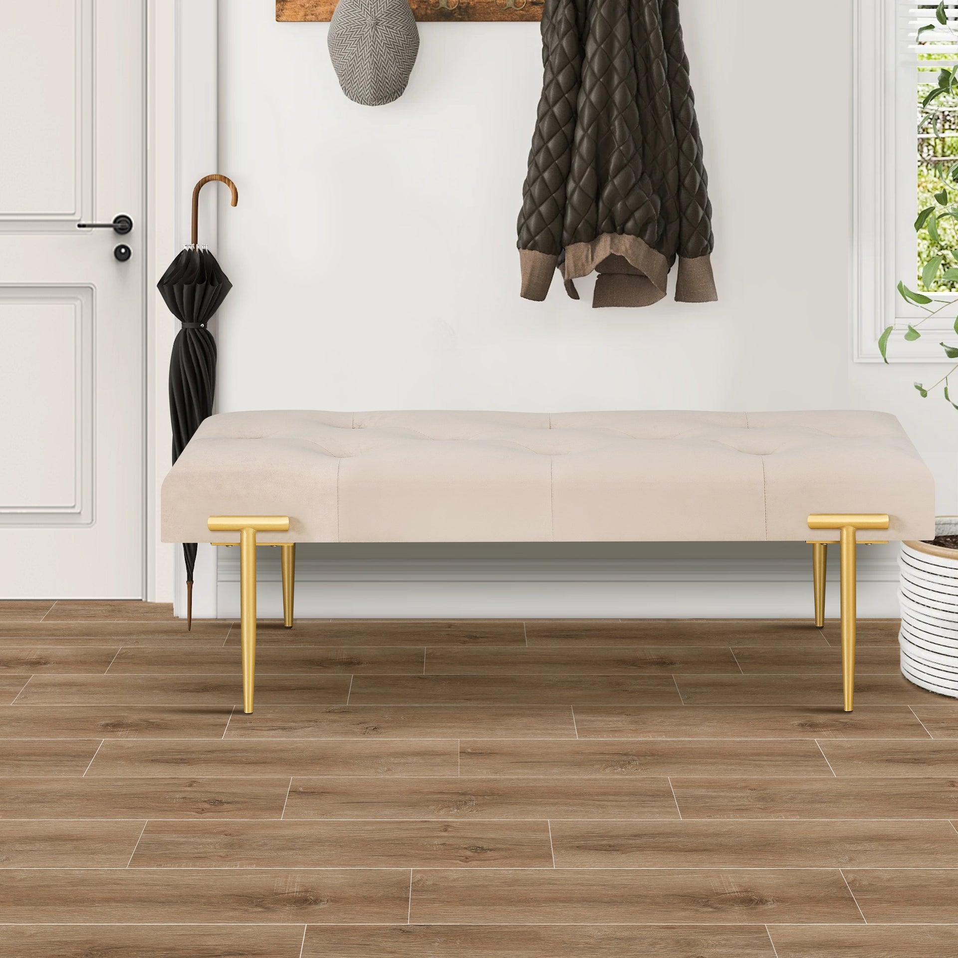 48'' Modern Ottoman Bench Velvet Bench Upholstered Footrest With Gold Metal Legs And Padded Seat For Bedroom Living Room