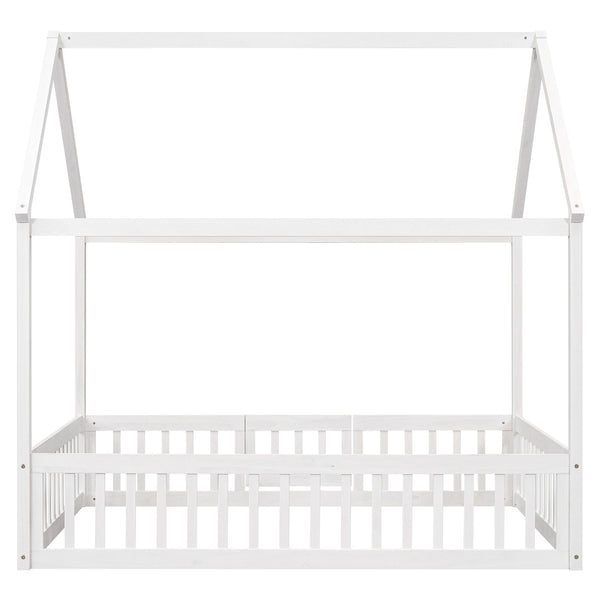 Full Size Wood House Bed with Fence and Door White Wash