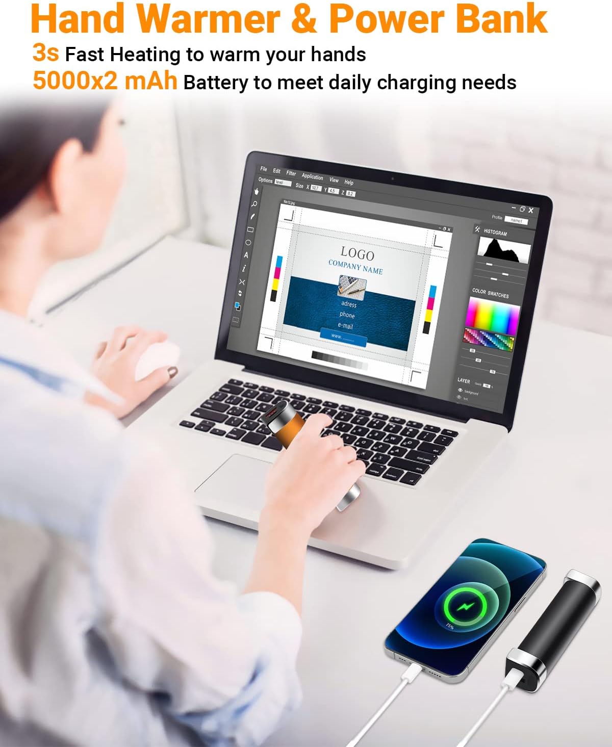 2 Packs Split-Magnetic Electric Reusable Handwarmer, 10000mAh & 360° Heating MAX 15 Hrs Warmth & 3 Levels Temp Portable USB Power Bank
