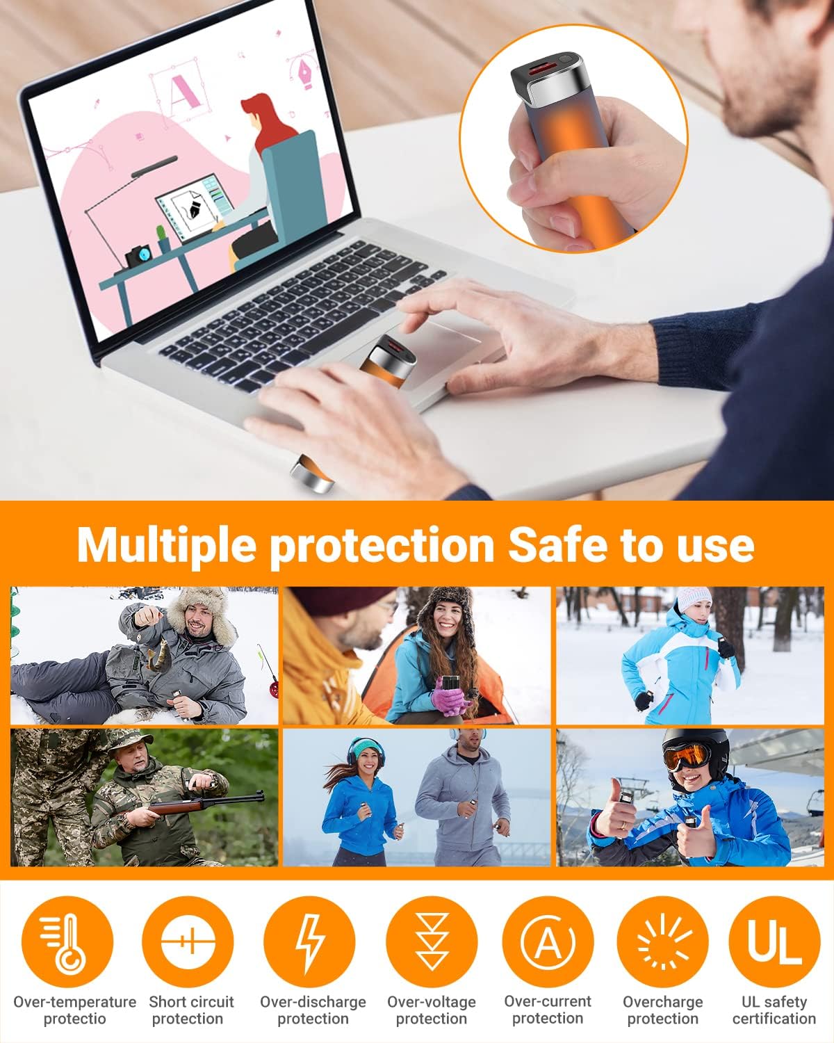 2 Packs Split-Magnetic Electric Reusable Handwarmer, 10000mAh & 360° Heating MAX 15 Hrs Warmth & 3 Levels Temp Portable USB Power Bank