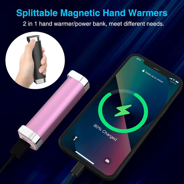 2 Packs Split-Magnetic Electric Reusable Handwarmer, 10000mAh & 360° Heating MAX 15 Hrs Warmth & 3 Levels Temp Portable USB Power Bank