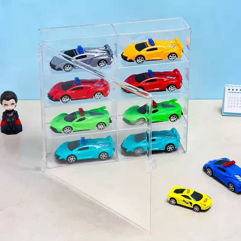 1:64 Acrylic Car Display Box – 8-grid, dustproof, stackable, transparent. Fits Hot Wheels.